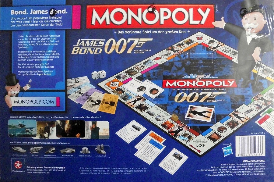 Dos de la boîte de la version allemande du Monopoly James Bond 007 - 50e anniversaire