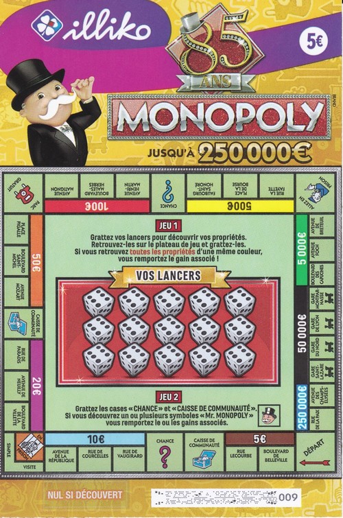 Ticket de jeu Monopoly à gratter 2020