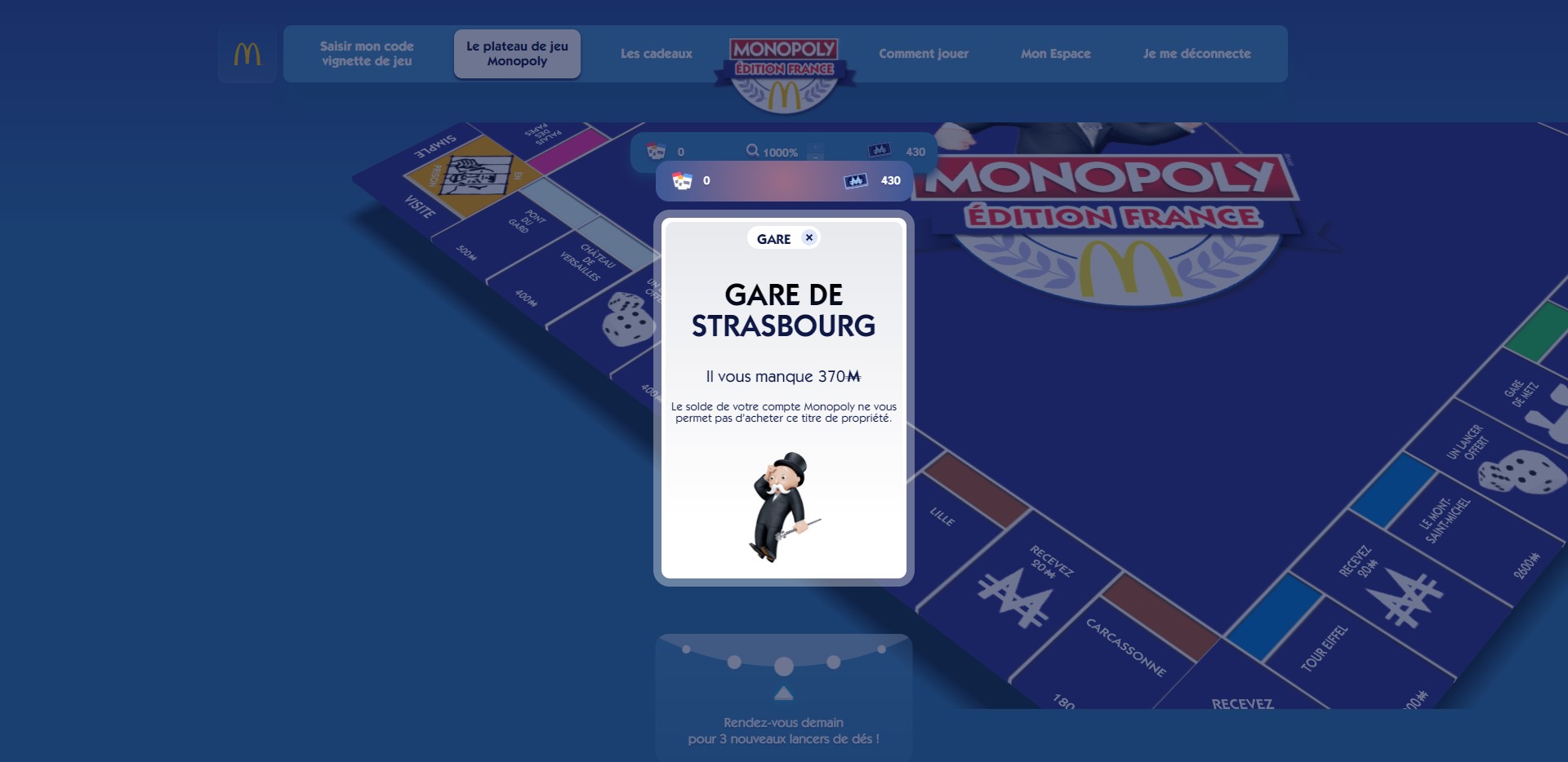 Ecran du jeu Monopoly McDonald's
