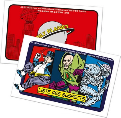 Dos des cartes « Daily Planet » et « Liste des Suspects » du Monopoly DC Comics