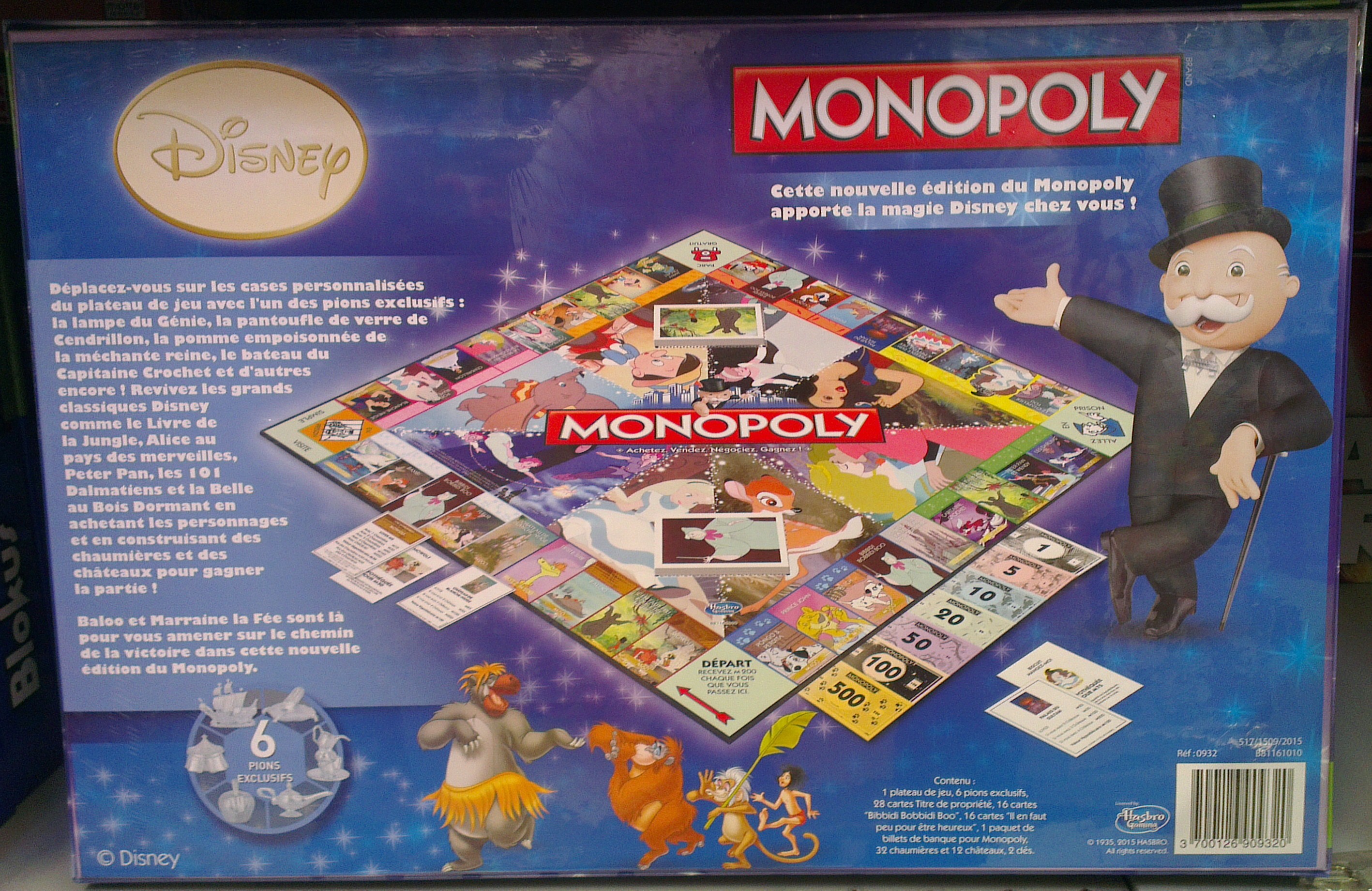 Arrière de la boite du Monopoly Disney Classique (version 2015)