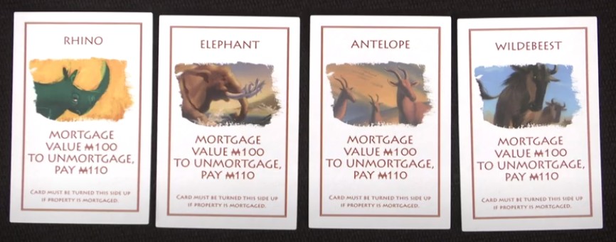 Cartes des animaux (qui remplacent les gares) du Monopoly The Lion King