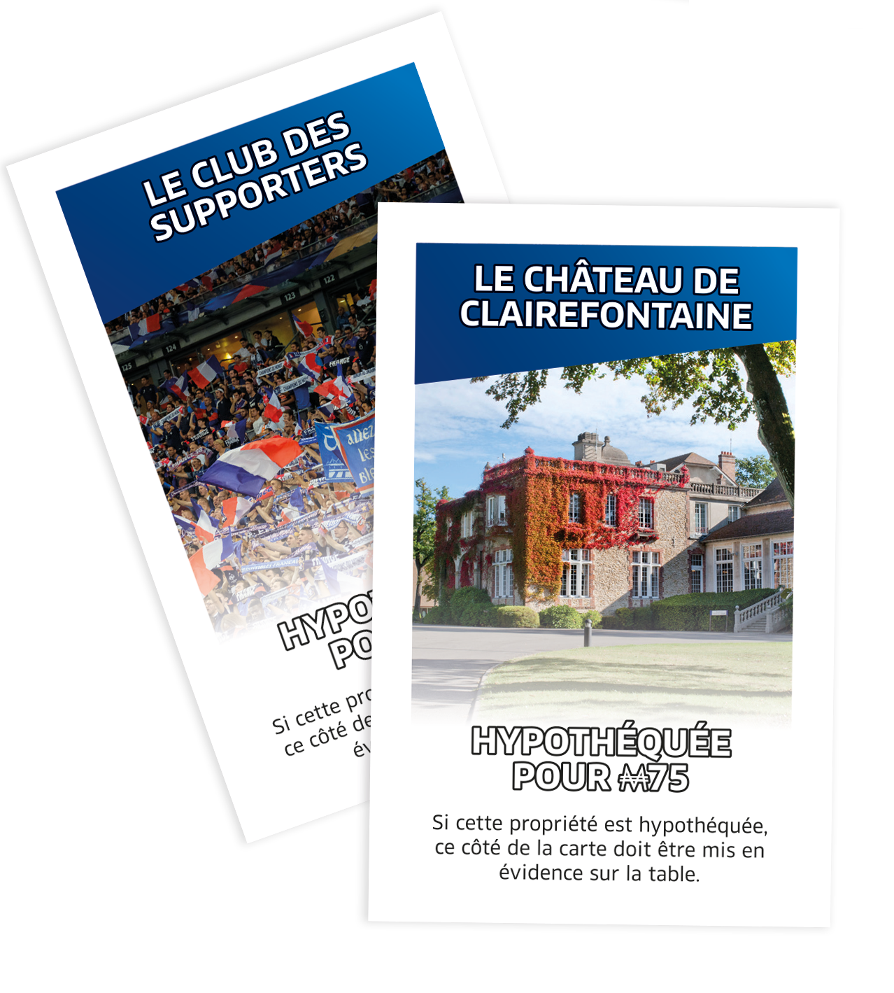 Dos des cartes propriétés du Monopoly FFF (Fédération Française de Football)