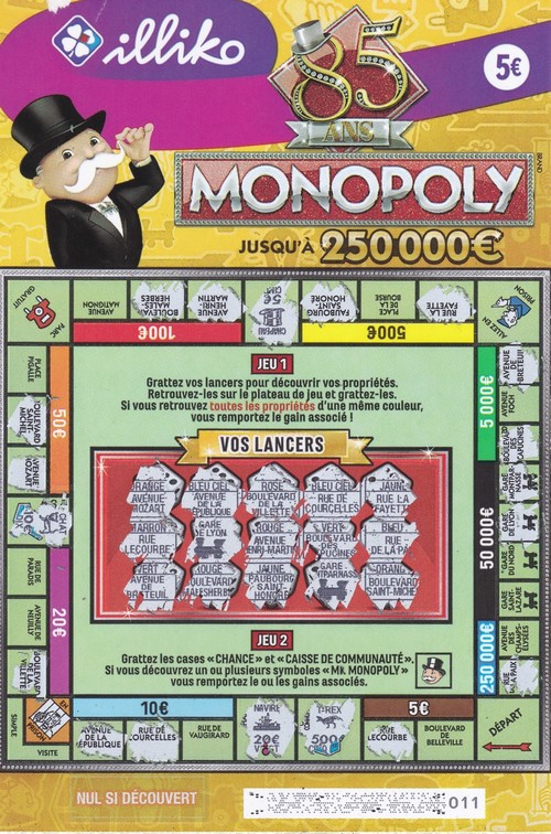 Ticket de jeu Monopoly 2020 gratté